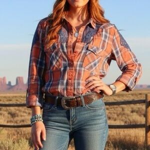 MBLM Plaid Button Down Blue Lace Inlay Western Boho Cottagecore Orange